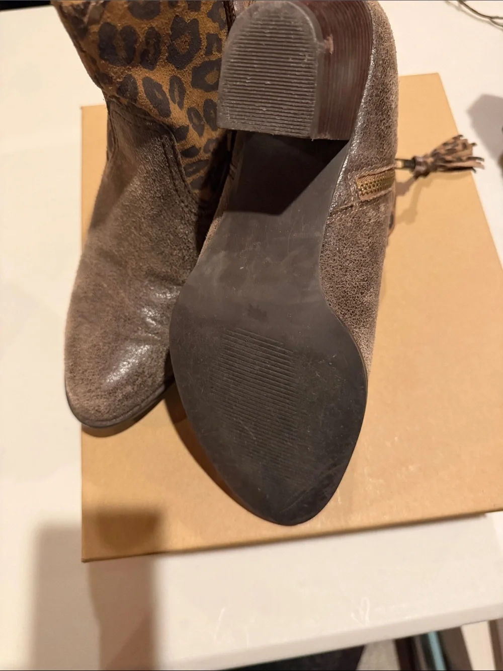 Women’s Taupe Suede Ankle Boots with Leopard Cuff
